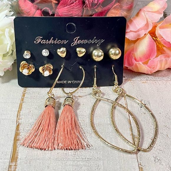 New Fashion Earrings 6 Pack Gold & Pink Post & Stud / Hoop Earring Set - Picture 4 of 6